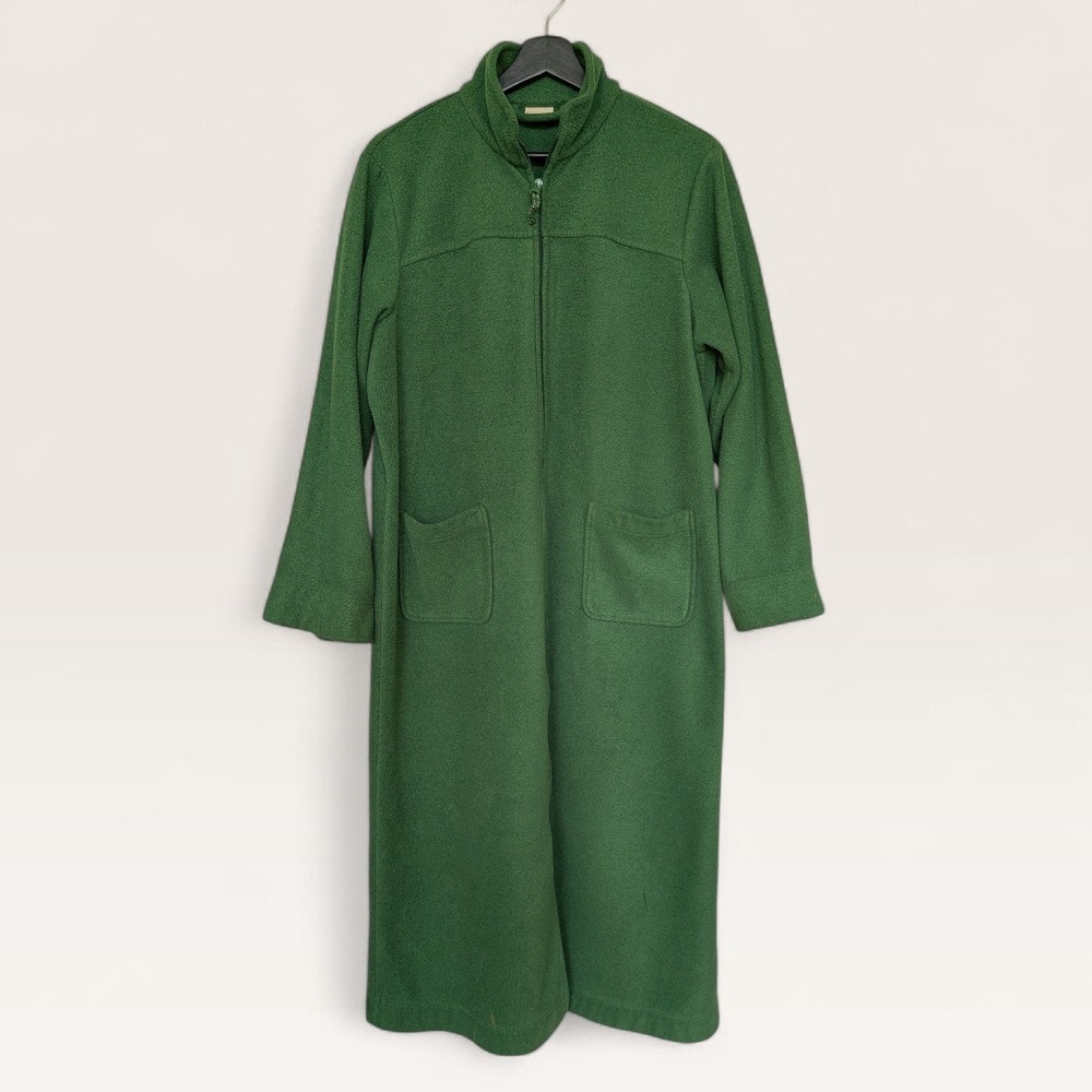 LL Bean Fleece Robe Womens M Petite Green Full Zip Long Cozy Vintage USA‎
